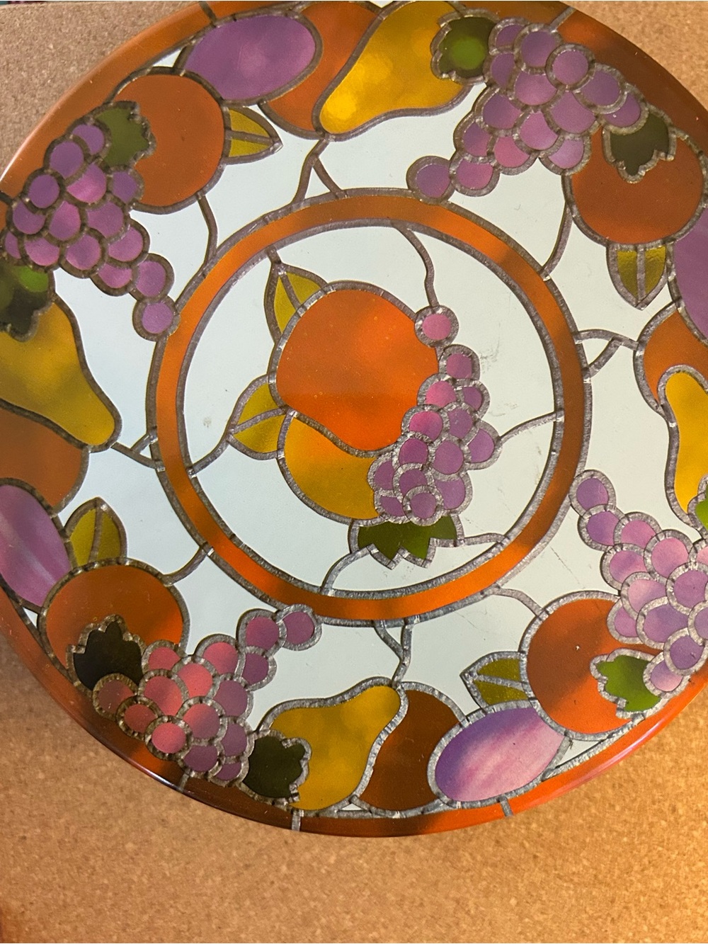 Vintage Tin Round Decorative Fruit Stained-Glass